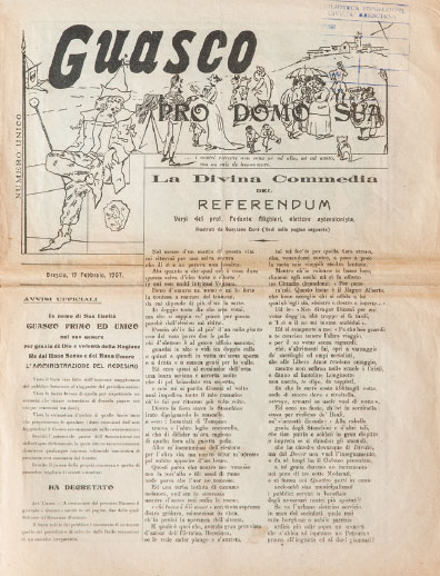 Il giornale bresciano Guasco fondato dal poeta Angelo Canossi e dall'artista Arnaldo Zuccari stampato dalla Tipografia Litografia Giustacchini (19 Febbraio 1907). Brescia, Fondazione Civiltà Bresciana.