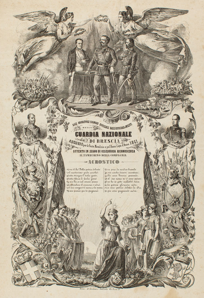 Omaggio augurale per Ufficiali e Militi della Guardia Nazionale, litografia Giordania e Salussolia, Ed. Gio Riaudi Torino (1861). Brescia, Collezione Giustacchini.